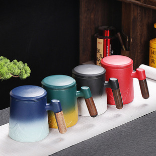 渐变办公杯陶瓷个人专用手柄带盖马克杯家用茶水分离泡茶杯男士 水