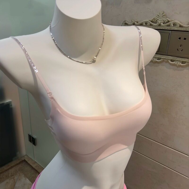 无痕隐形内衣女薄款聚拢小胸上托无钢圈低领细肩带闪钻内搭文胸罩
