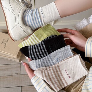 MEKKI韩版女袜森系条纹中筒袜子女透气春夏新款勃肯鞋双针堆堆袜