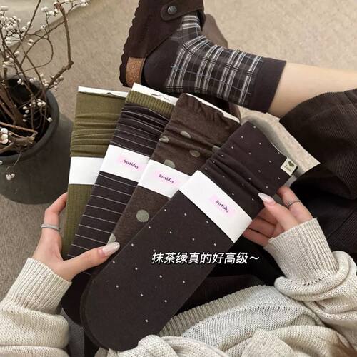 韩系复古格子条纹波点堆堆袜女秋冬新款抹茶绿中筒袜百搭棉质长袜
