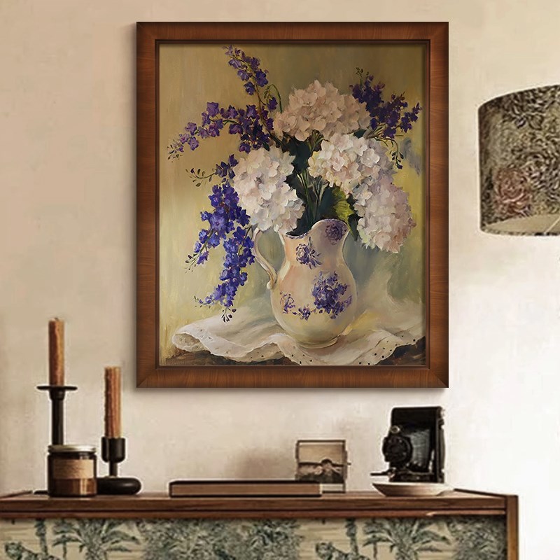 法式花卉手绘油画中古风装饰画复古花瓶客厅入户玄关卧室床头挂画图片