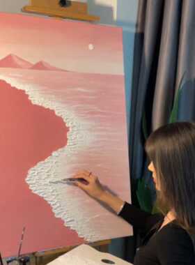 粉色沙滩diy石英砂3D立体丙烯肌理画 手工彩绘创意客厅墙面装饰画