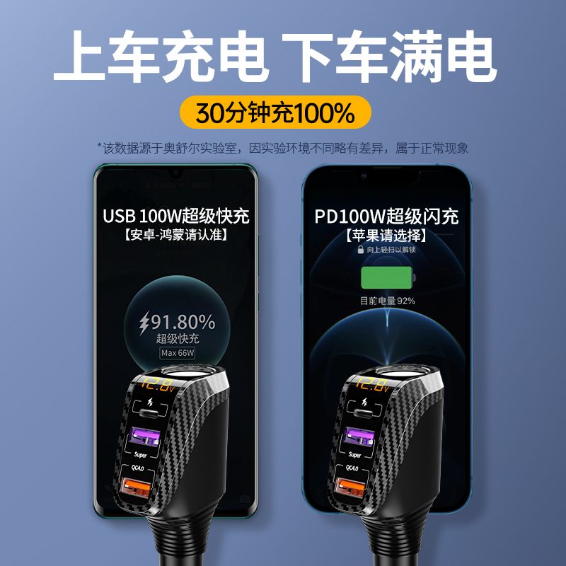 车载充电器66W超级快充汽车点烟器转换插头一拖三usb扩展口多功能