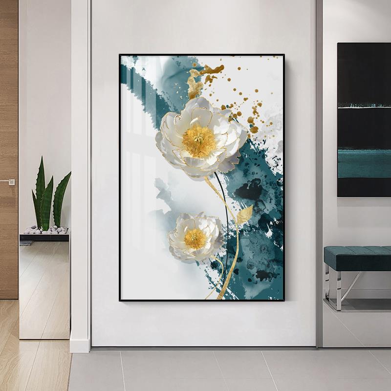 轻奢客厅沙发背景墙玄关装饰画走廊过道简约现代牡丹花卉晶瓷挂画图片