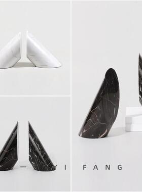 一匚简约现代极简样板间书房书柜白色大理石书靠书立装饰几何摆件