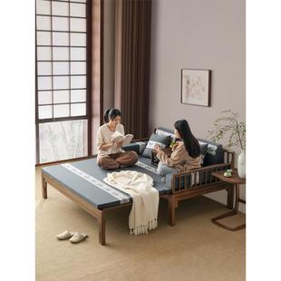 罗汉床新中式实木推拉床胡桃色白蜡木小户型客厅折叠伸缩沙发床