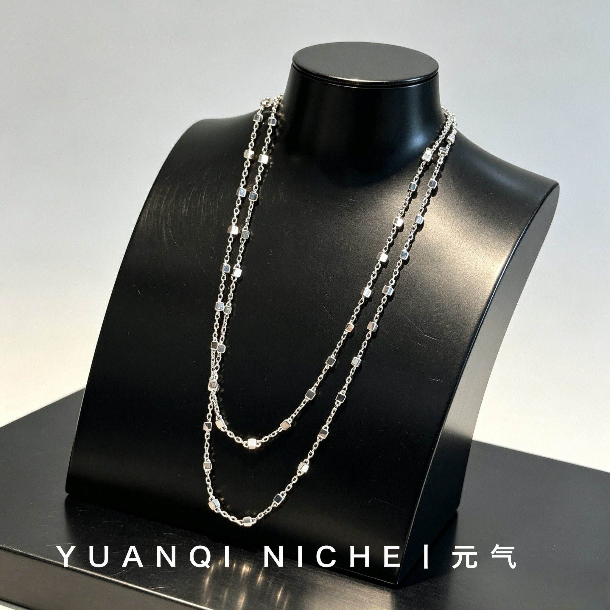 猎豹60CM方块双层项链S925纯银镀金小众设计轻奢高级感叠戴毛衣链