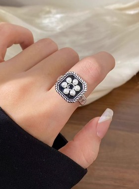 原 非市场版 复古秘境方形黑色珍珠花朵开口戒指镀纯银女轻奢小众