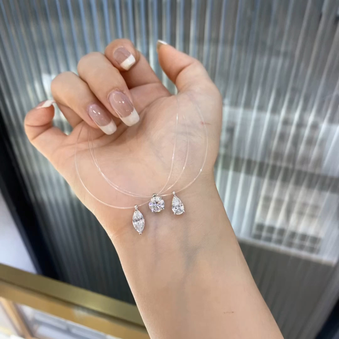 人鱼泪!S925纯银水滴马眼锆石透明鱼线简约精致锁骨链莫桑项链