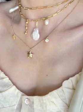 澳大利亚小众方形链条天然巴洛克珍珠y字项链女欧美个性毛衣链