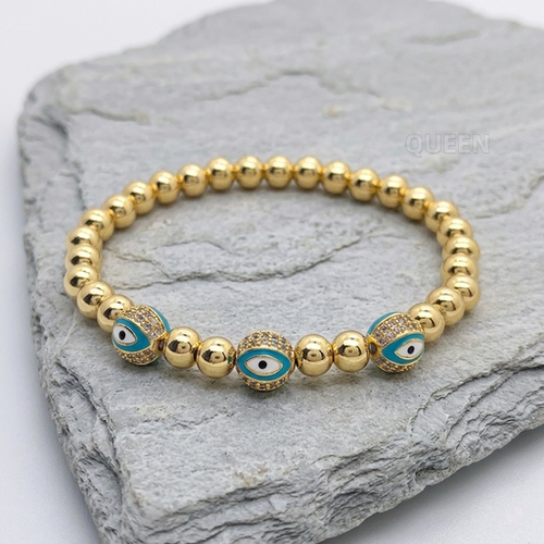 复古滴油恶魔之眼手链 EvilEye 蓝眼睛手串6mm金色珠串珠手饰