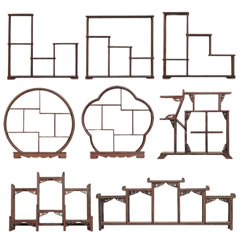鸡翅木小博古架多宝阁榫卯结构纯实木茶具茶壶架子展示架石头底座