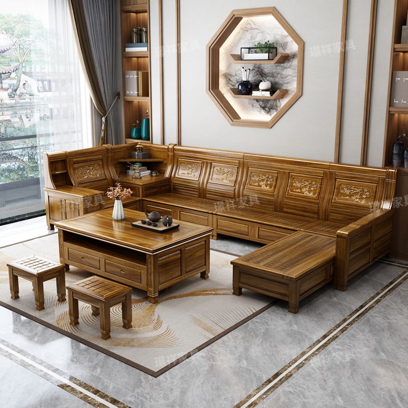 香樟木全实木沙发组合仿古雕花老人转角贵妃沙发客厅家具冬夏两用