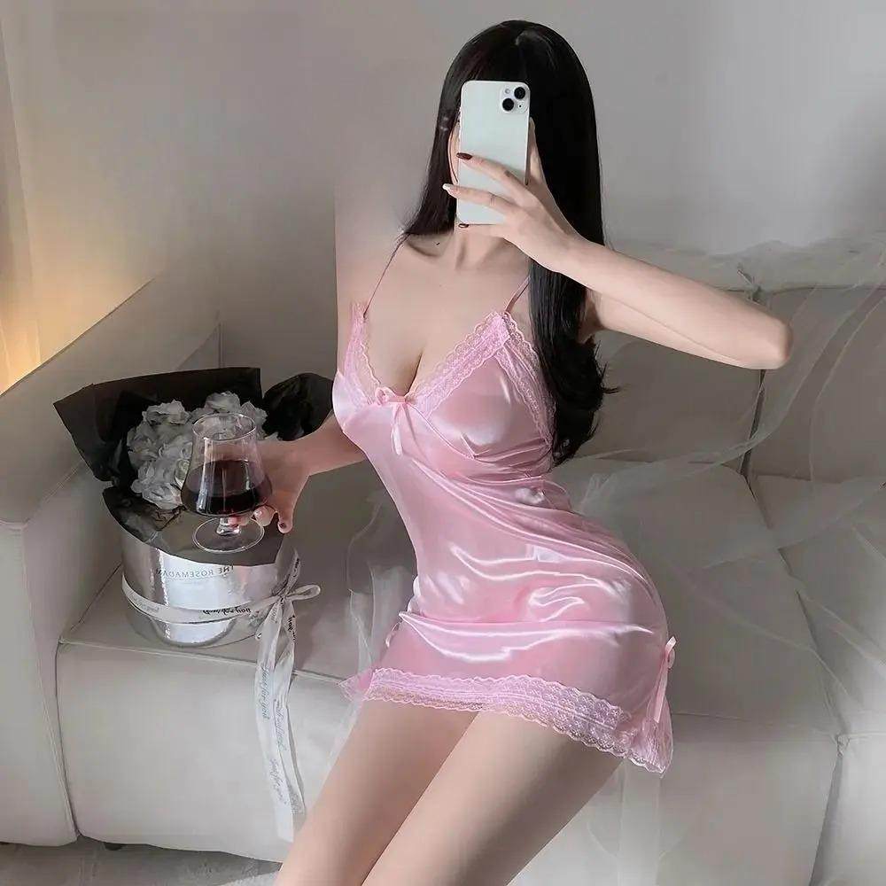 性感睡衣夏季吊带真丝睡衣性感蕾丝V领吊带冰丝睡裙丝绸家居服