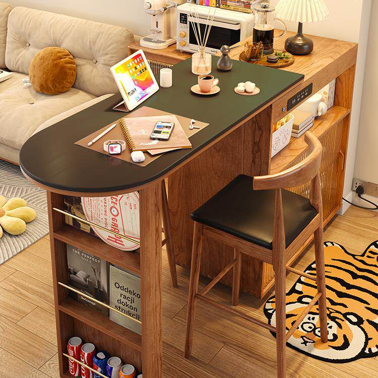 实木伸缩吧台餐边柜一体家用客厅茶水隔断柜黑色岩板咖啡桌樱桃木