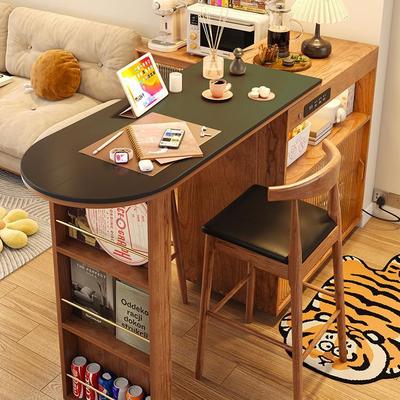 实木伸缩吧台餐边柜一体家用客厅茶水隔断柜黑色岩板咖啡桌樱桃木