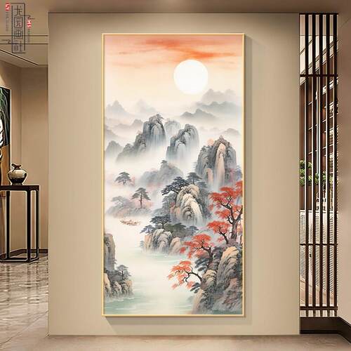 旭日东升装饰画客厅玄关东墙挂画新中式日出壁画靠山图山水风景画