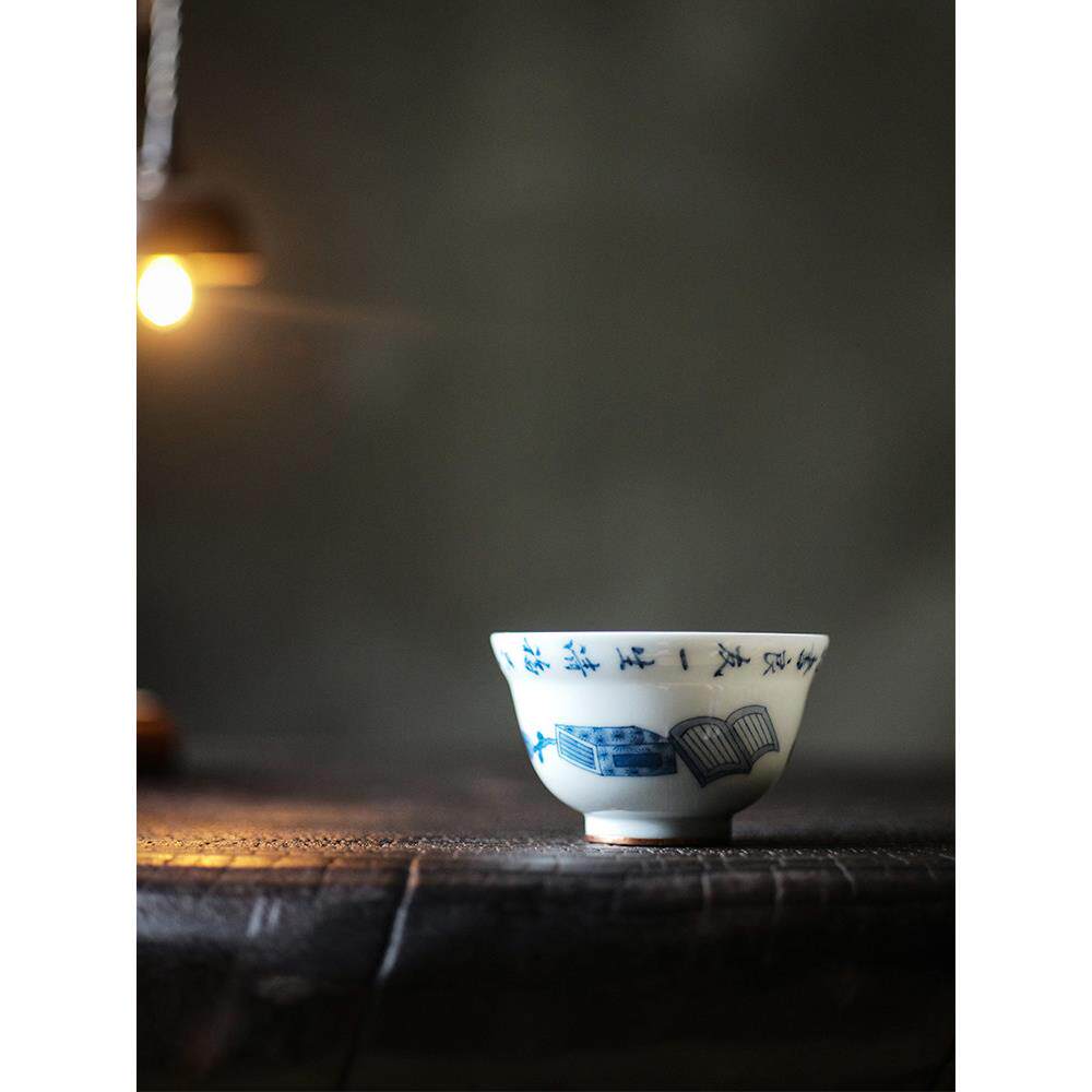 景德镇青花手绘陶瓷茶杯礼盒经典大容量大师杯米云斋杯中国风斗菜