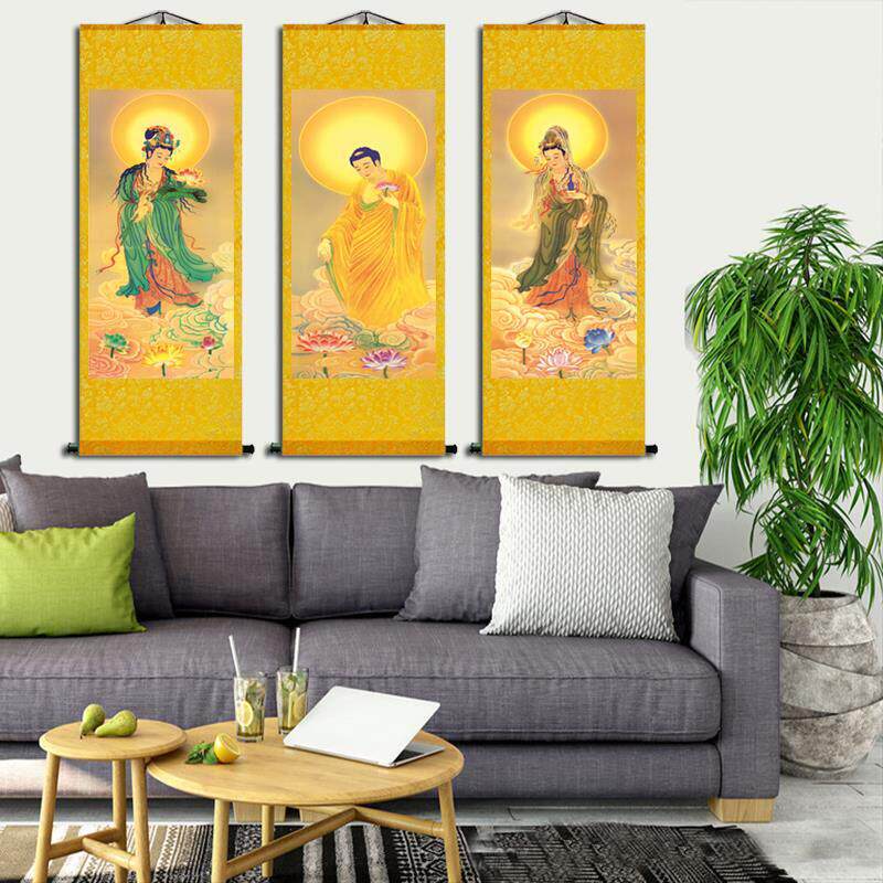 西方三圣佛像画像接引图居家供奉高清阿弥陀佛神像画丝绸卷轴挂画