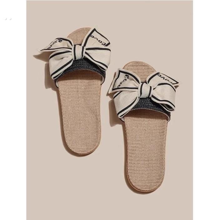 夏季新款可爱蝴蝶结日式亚麻拖鞋女家居室内春秋防滑防臭四季外穿