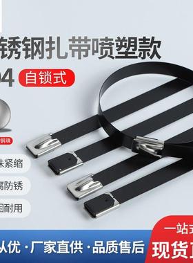 304不锈钢喷塑扎带室外耐高温金属钢条黑色船用扎丝桥架自锁收紧