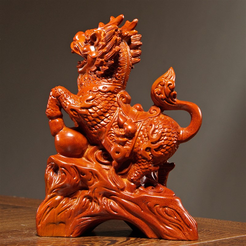 花梨木雕麒麟摆件实木瑞兽一对家居客厅电视柜办公装l饰送礼工艺