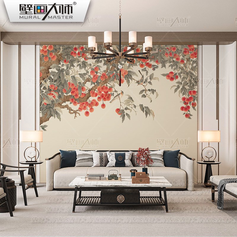大吉大利荔枝图壁布简约新中v式客厅背景墙壁纸寓意好浮雕壁画202