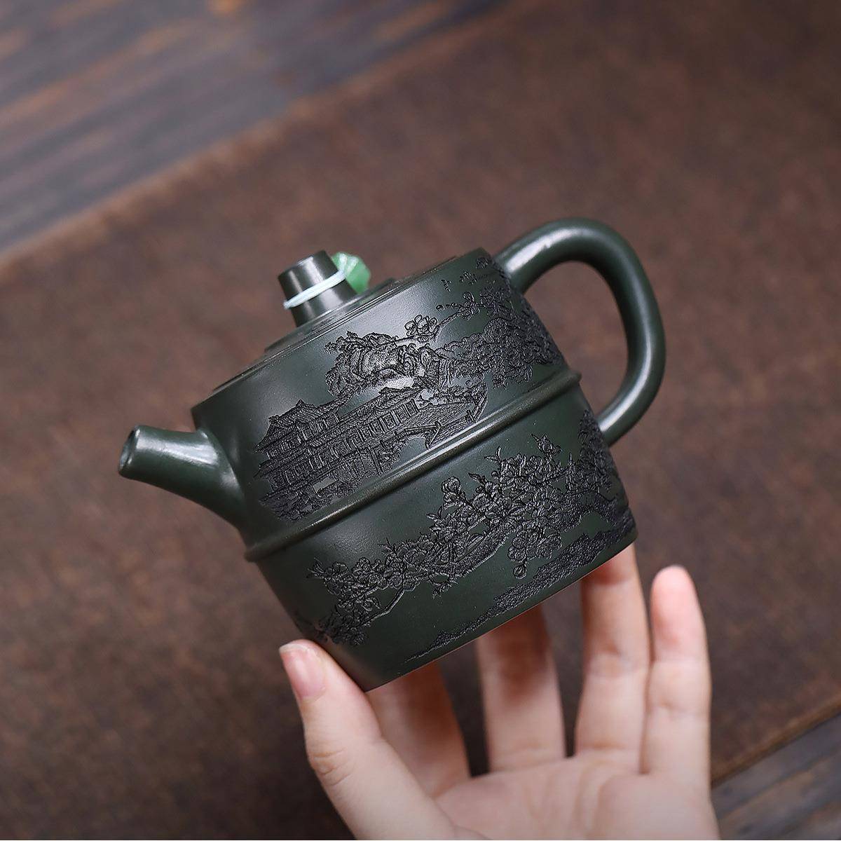 密文发货宜兴紫砂壶原矿墨绿泥手工制作满刻束腰井栏高端茶壶茶具