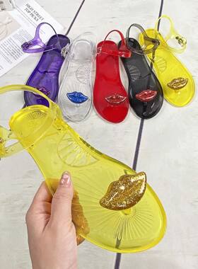 temu新款凉鞋红唇装饰新款水果凉鞋女防滑平底凉鞋外