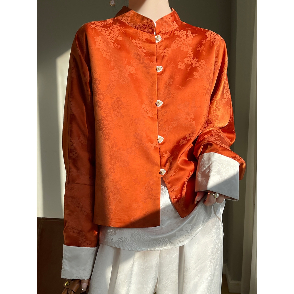 新中式复古立领上衣开衫女式宽松大码薄款缎面轻国风改良唐装外套