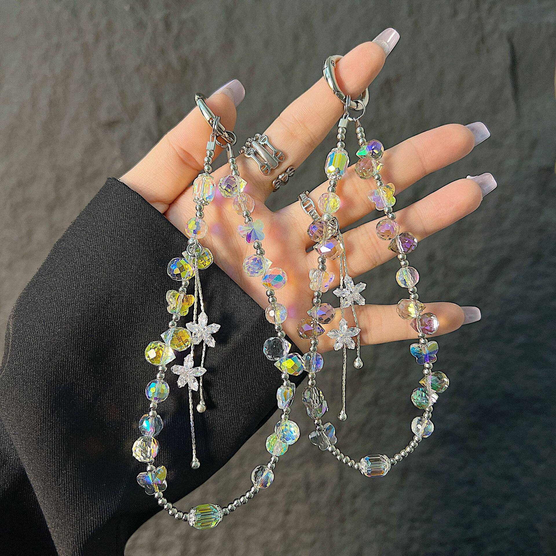 新款水滴水晶手机链轻奢风花朵锆石流苏手机挂链钥匙扣包挂饰