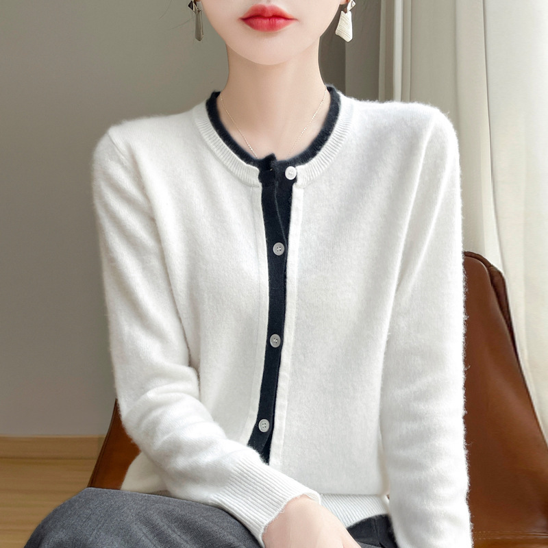 圆领拼色羊绒假两件开衫女秋冬款毛衣宽松羊毛针织韩版上衣短外套