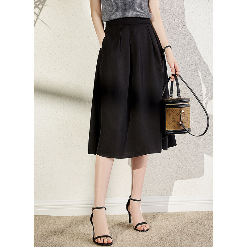 2025年夏季新款纯色高腰显瘦a字伞裙优雅气质通勤中长款半身裙