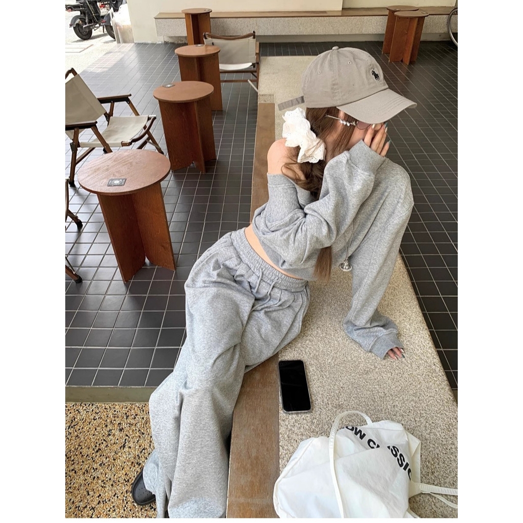 美式复古露肩长袖卫衣女秋季休闲运动套装抽绳阔腿长裤灰色两件套