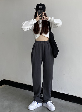 【米妮棉】灰色运动裤女2024新款宽松显瘦休闲阔腿裤春秋束脚卫裤