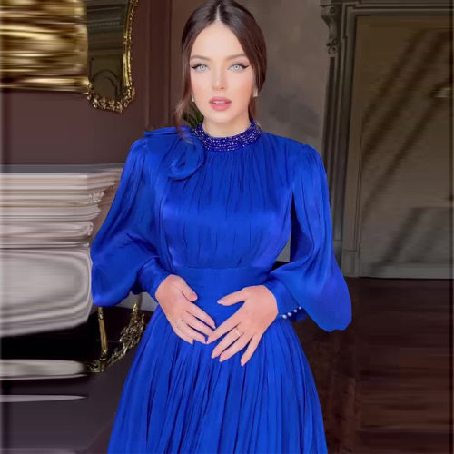 2024秋季新款欧美亚马逊跨境女装时尚礼服设计感收腰长袖连衣裙