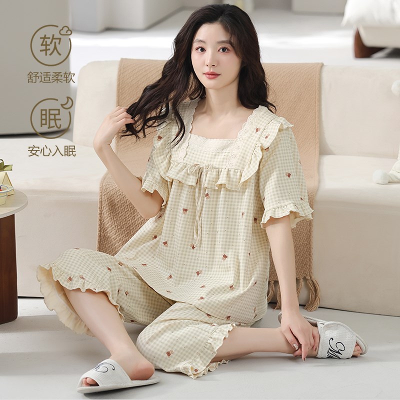 睡衣女款夏季纯棉短袖七分裤2025新款女士套装夏款V漂亮家居服夏