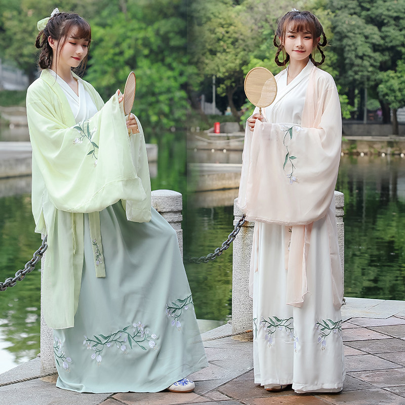 传统古装日常汉j服中国风广袖流仙裙仙女清新淡雅学生服襦裙大袖