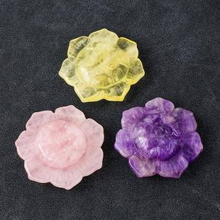 饰办公桌面摆件 天然水晶莲花雕刻件白粉紫水晶打磨禅意冥想家居装