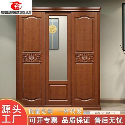 实木中式推拉门衣柜三门移门带镜子中小户型经济型木质卧室大X20