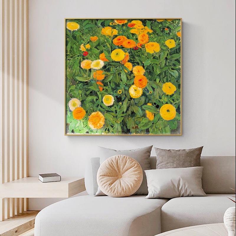 北花欧小众现代金盏花客厅装饰画绿植物卧挂正方形餐厅室酒画店店图片