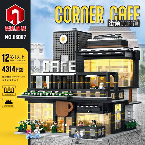 聚航86005-14灯光街景转角咖啡厅建筑小儿童拼装积木玩具模型