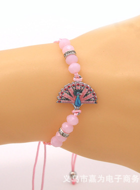 亚马逊跨境热销合金滴油彩色孔雀水晶编制手链可调节手串12条