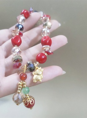 本命年龙年手链新年礼物一笼蒸饺枣红中国风红珠水晶手串女元旦