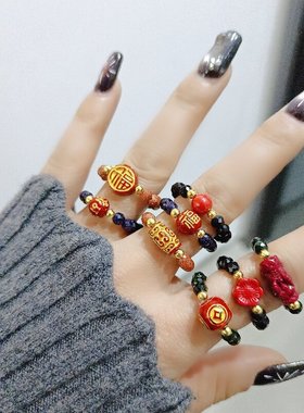 天然紫金朱砂女编织水晶可调节弹力戒指网红戒闺蜜食指貔貅招财