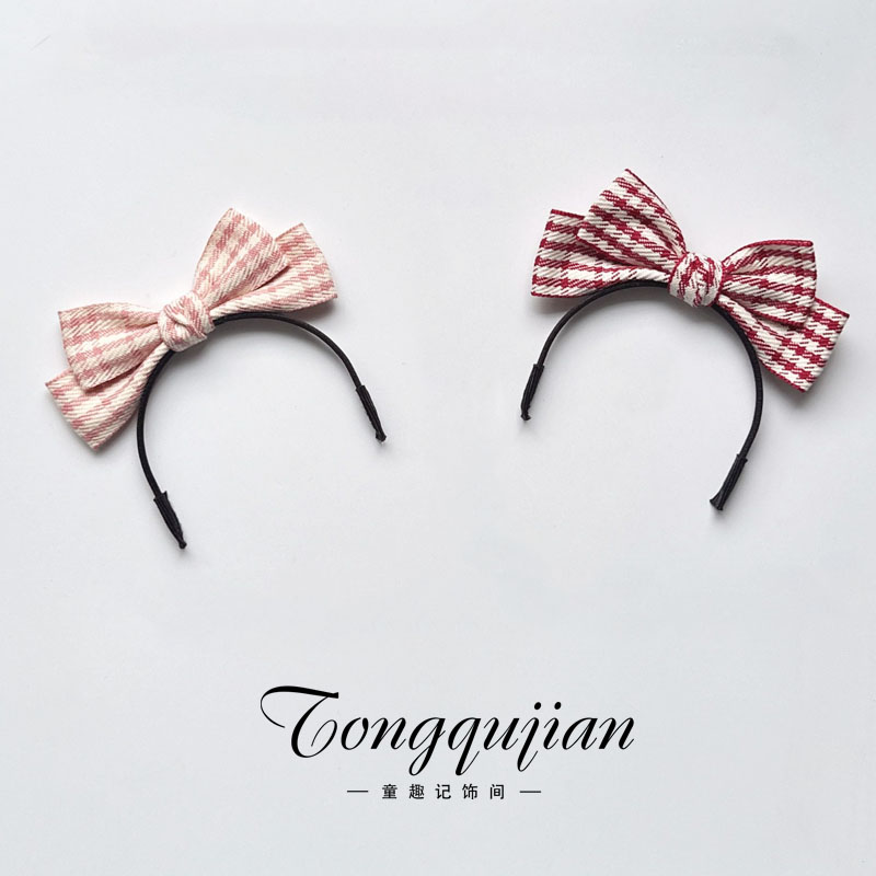 labubu原创粉色蝴蝶结格子头箍