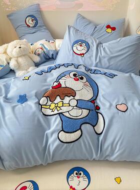 单可爱卡通床上四宿件单套床品毛巾绣非水洗棉床被套舍人20241216