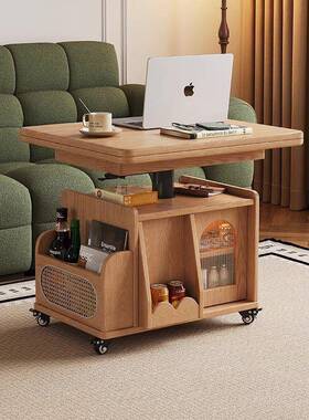 实木可HXU动茶几多功能可升降折用叠边几桌推车移中古风家茶桌餐