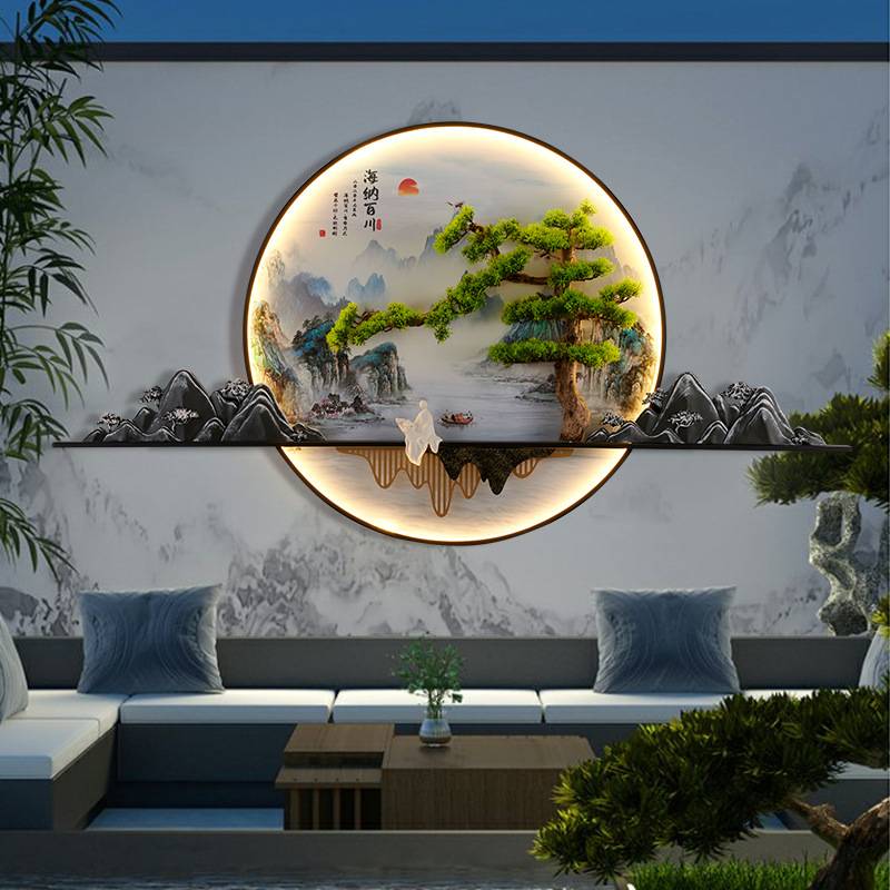 户外壁灯防水太阳能新中式山水画别墅楼梯庭院造景林园景观壁画灯