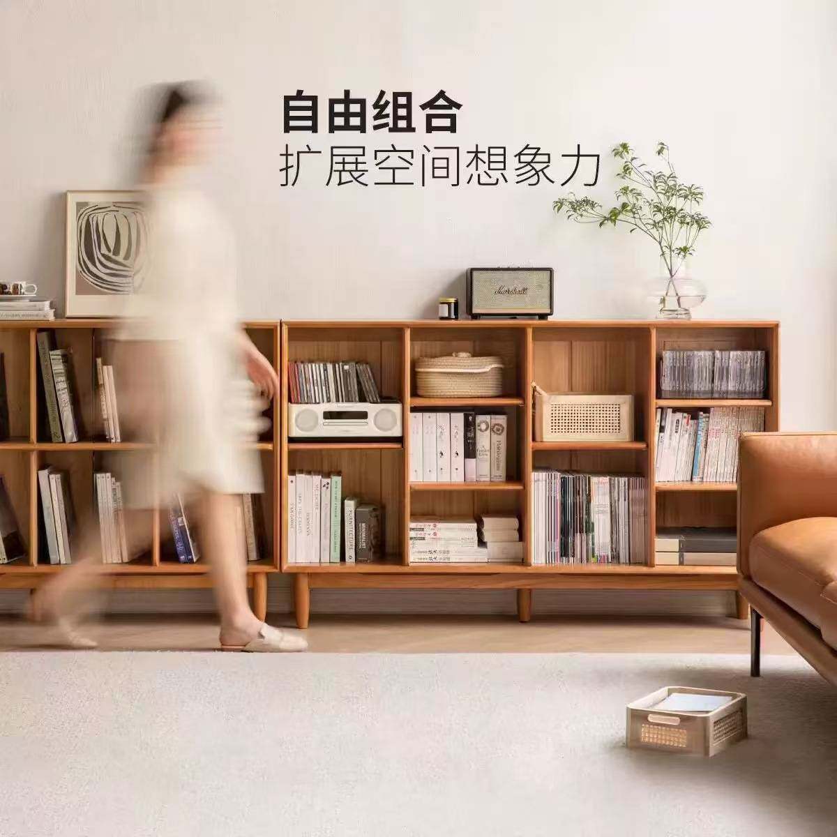 实木书架置物架靠墙一体落地简易绘本架展示格子柜幼儿园客厅书柜